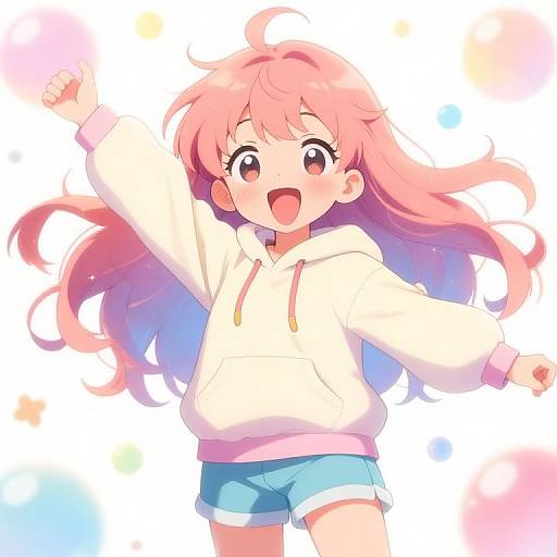 Anime-style digital drawing of a happy, pink-haired girl with large eyes, wearing a white hoodie and blue shorts, raising her arm joyfully against a