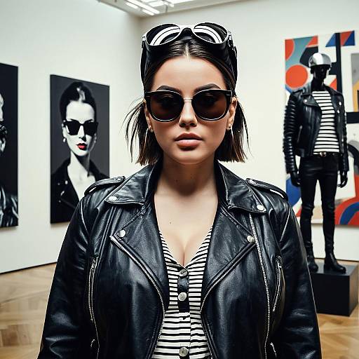 Woman in Leather Jacket and Sunglasses in Art Gallery