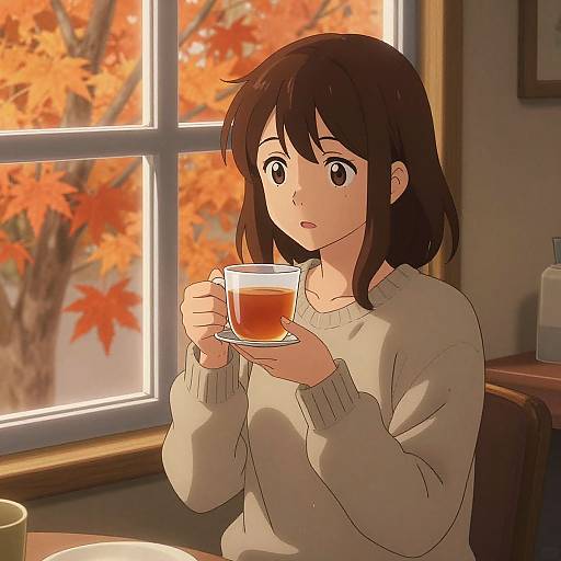 Anime-style digital drawing of a young woman with brown hair, wearing a beige sweater, holding a teacup in a sunlit room with a window