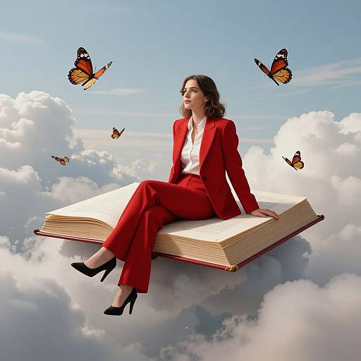 Photograph-style digital art: A woman in a red suit and black heels sits on a floating, open book, surrounded by orange butterflies above fluffy clouds