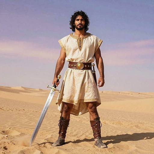 Photograph of a muscular, bearded man with curly black hair, wearing a beige ancient warrior tunic, brown boots, and belt, holding a