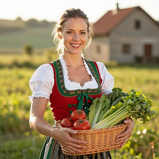Photograph of a smiling woman in a traditional Bavarian dress, holding a wicker basket filled with tomatoes and vegetables, in a sunlit rural field