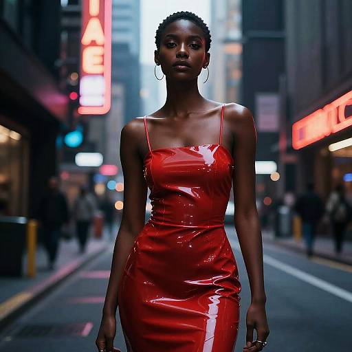 Photograph of a confident Black woman in a glossy, tight-fitting red latex dress, walking down a neon-lit urban street at night.