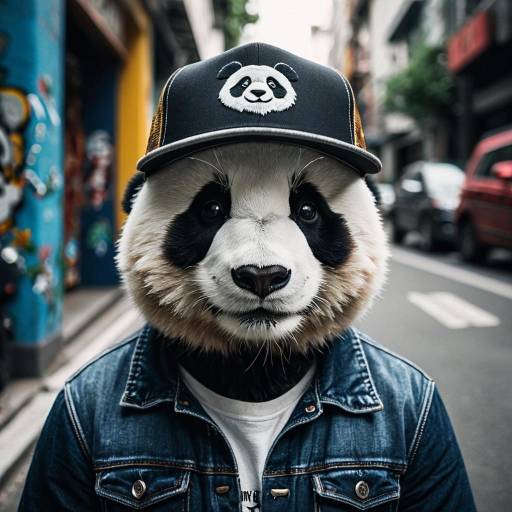 Charming Panda Wearing Trucker Hat in Urban Setting