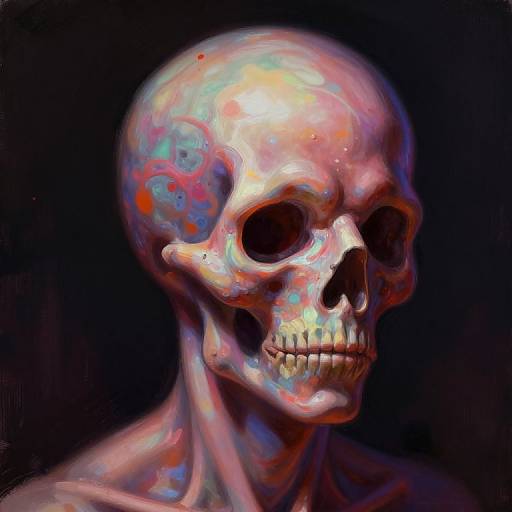 Digital painting of a colorful, abstract human skull with vibrant swirls of pink, blue, and orange against a dark background.