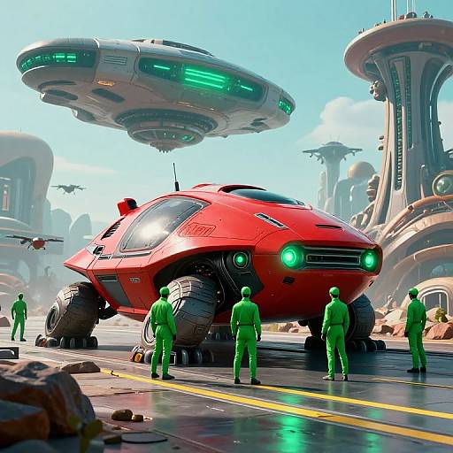 Digital CGI artwork of a futuristic cityscape with a red, glowing, sci-fi vehicle and four green-suited aliens standing on a wet, reflective street