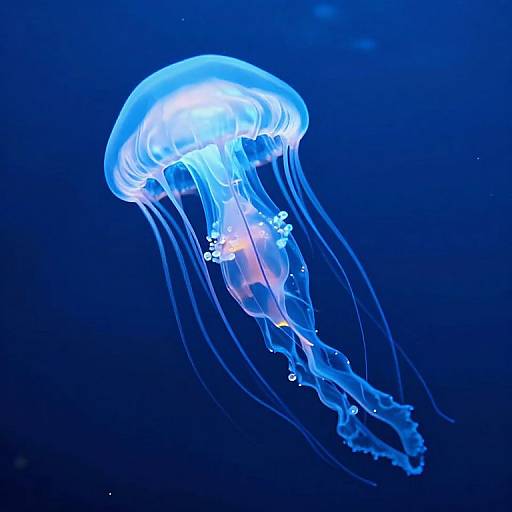 Photograph of a glowing blue jellyfish with translucent tentacles, illuminated against a dark blue ocean background, showcasing its bioluminescent beauty.