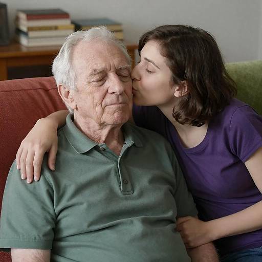 Young Woman Kissing Elderly Man on Cheek