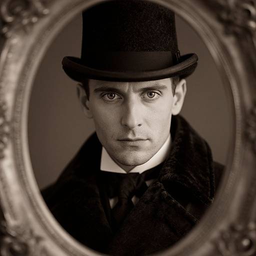 Black-and-white photograph of a serious-eyed man in a top hat and dark coat, framed by an ornate oval mirror.