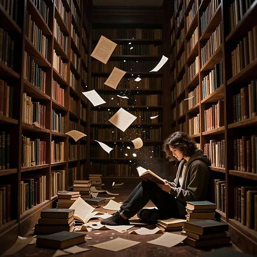 Photograph of a young woman with dark hair, sitting in a dimly lit library aisle, surrounded by floating books and papers.