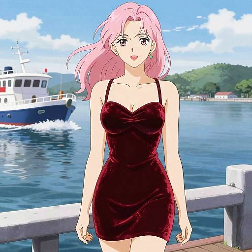 Pink-haired Woman in Red Velvet Dress on Pier
