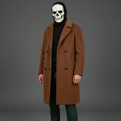 Photograph of a person wearing a brown, double-breasted coat, black hooded shirt, and green pants, with a white skull mask covering their