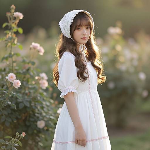Photograph of a young Asian girl with long, wavy brown hair, wearing a white lace dress and headband, standing in a sunlit rose