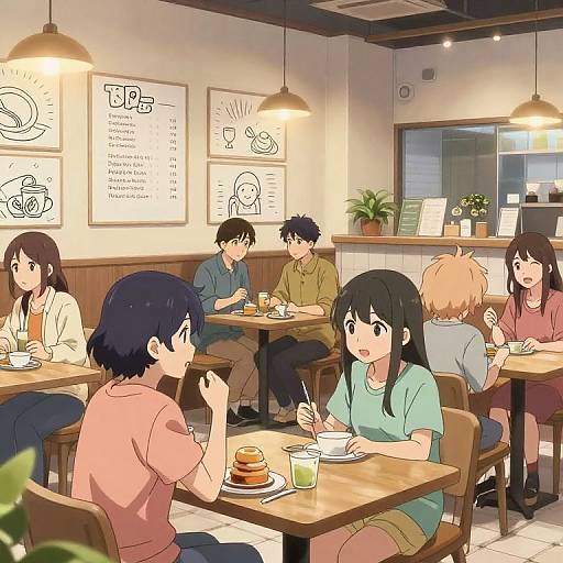 Anime-style digital illustration of a cozy café with six young people, diverse in appearance, eating and chatting at wooden tables. Warm lighting, potted plants