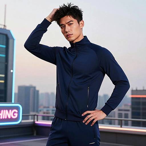 Photograph of a young Asian man with spiked black hair, wearing a black athletic jacket and pants, standing confidently on a rooftop at sunset, city skyline
