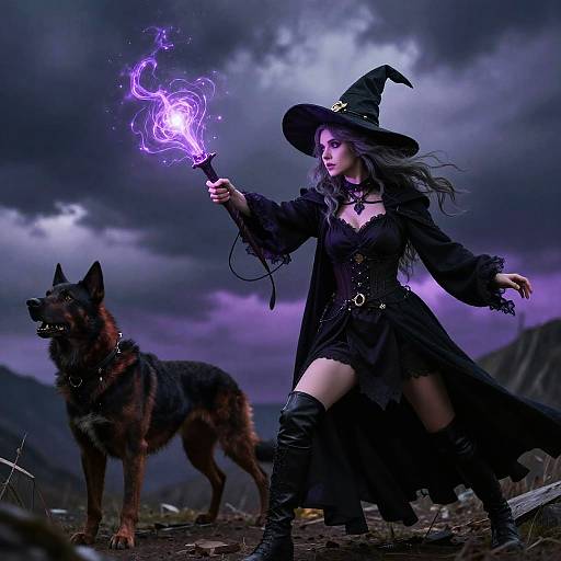 Digital artwork of a witch in black dress and hat, holding a glowing purple flame, with a fierce German Shepherd by her side under a stormy,