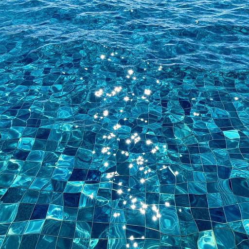 Photograph of shimmering blue-tiled pool water with bright white reflections, creating a sparkling, mosaic-like pattern across the surface.