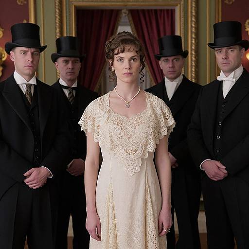 Photograph of a young woman in an elegant lace white dress, standing center among four stern men in black suits and top hats, in a grand,
