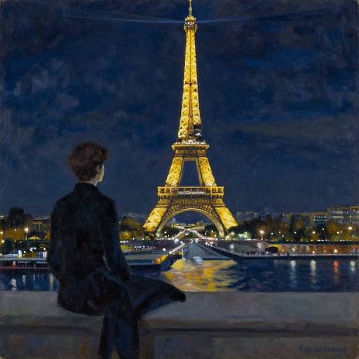 Nighttime photograph of a person in a dark coat sitting on a riverbank, gazing at the illuminated Eiffel Tower.