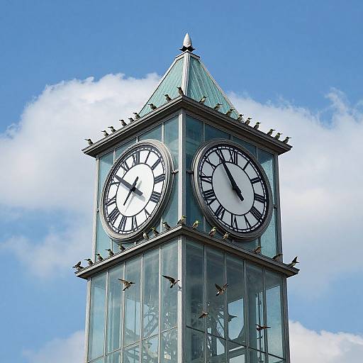 Translucent Teal Clock Tower with Hummingbirds