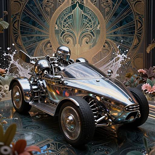 Glossy, futuristic, chrome sports car with a helmeted driver, splashing water, against an ornate, Art Deco-style background with