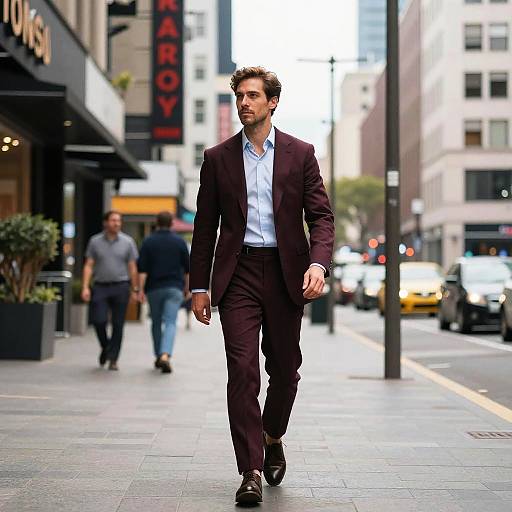 Photograph of a handsome man in a dark maroon suit walking confidently on a busy urban street, with blurred pedestrians and cars in the background.