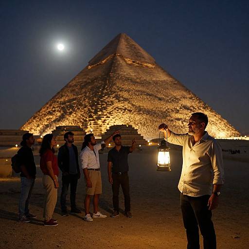 Photograph of a group of people standing in front of a brightly lit, pyramid-shaped stone structure at night, with one man holding a lantern. Full