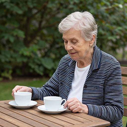 Photograph of elderly woman with short white hair, wearing striped blue and white jacket, white shirt, sitting outdoors, enjoying tea at wooden table.