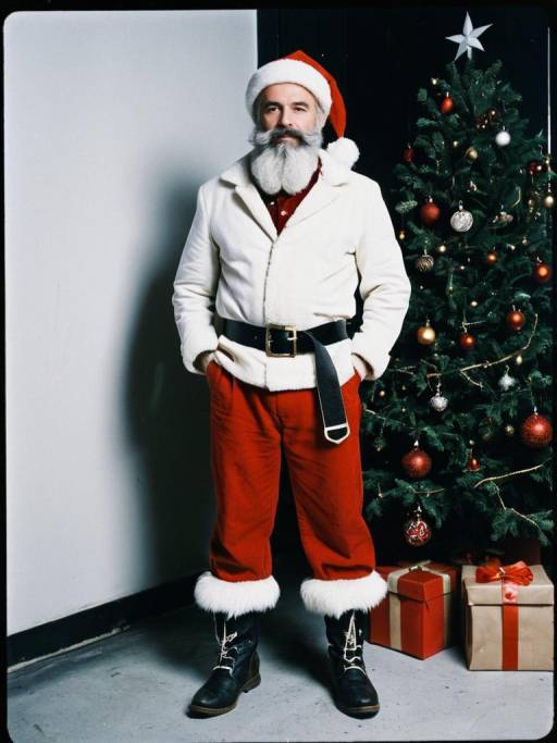 Man in Santa Costume Standing by Christmas Tree