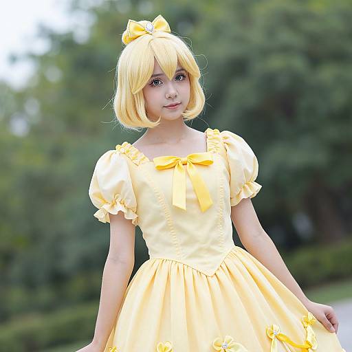 Photograph of a young woman with blonde bob hair and yellow bow, wearing a yellow, puffed-sleeve dress with bow, standing outdoors against
