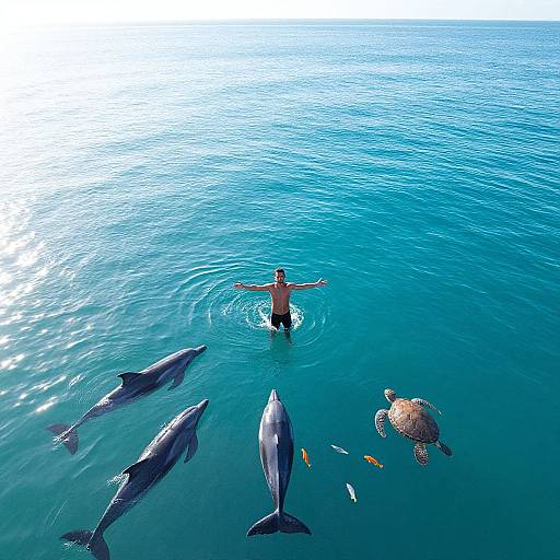 Photograph of a shirtless man with outstretched arms standing in clear blue ocean, surrounded by dolphins, a turtle, and fish. Sunlight