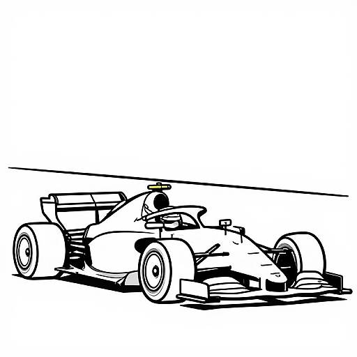 Black and white sketch of a sleek, modern Formula 1 race car with large rear wing, detailed wheels, and streamlined body. Minimalist, high