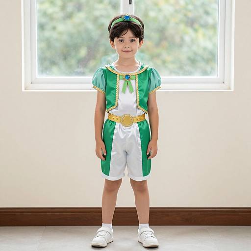 Photograph of a young boy standing indoors, wearing a green and white costume with gold trim, white shorts, and white shoes, in front of a