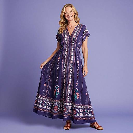 Cheerful Woman in Purple Maxi Dress