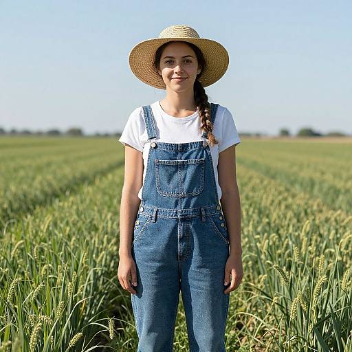 Photograph of a smiling young woman with braided brown hair, wearing a straw hat, white t-shirt, and blue denim overalls, standing in