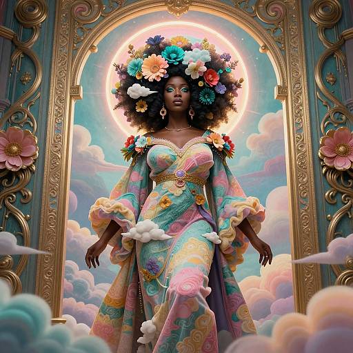 Digital art of a dark-skinned woman with an afro, wearing a colorful floral kimono, surrounded by clouds, framed by ornate archway