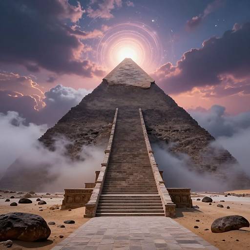 Photograph of a towering ancient pyramid with a radiant sun halo at the peak, surrounded by clouds, mist, and rocky desert terrain.