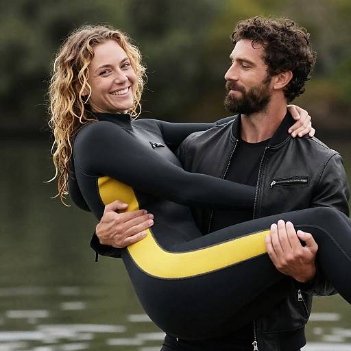 Outdoor Lake Moment: Couple Joyful Lift