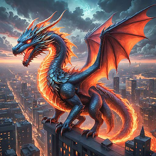 Surreal Fire-breathing Dragon in Futuristic City Surreal Fire-breathing Dragon in Futuristic City