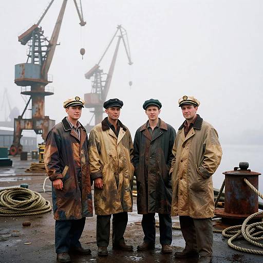 Weathered Sailors in Patchwork Coats at Industrial Pier