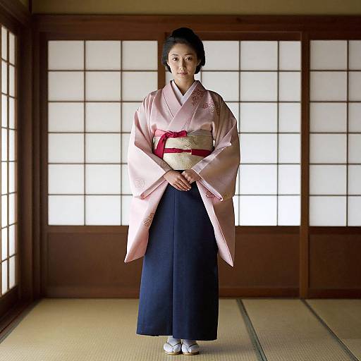 Photograph of a Japanese woman in traditional pink kimono with red obi, navy hakama, and white geta, standing in a shoji