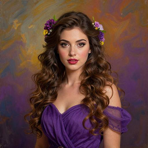 Photograph-style digital art of a beautiful woman with long, wavy brown hair, wearing a purple off-shoulder dress and purple flower crown,