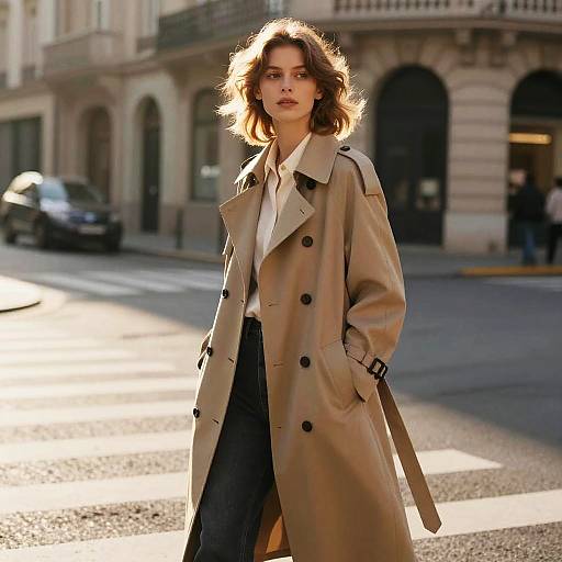 Photograph of a young woman with wavy brown hair, wearing a beige trench coat, white blouse, and black skirt, standing on a sunlit