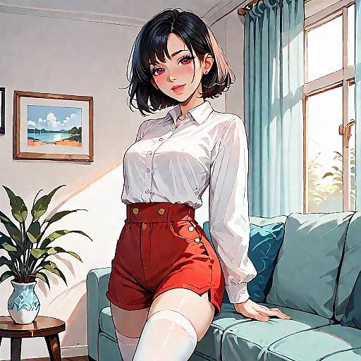 Mitsuki Laughing on Couch with Curtains