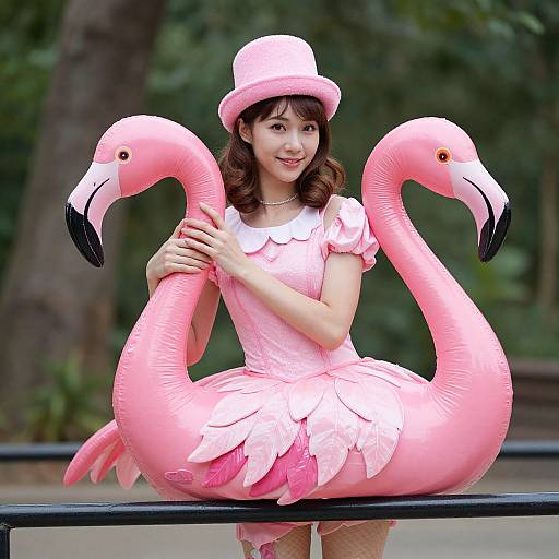 Photograph of an Asian woman in a pink flamingo costume, sitting on a pink inflatable flamingo with two heads, wearing a matching pink hat and