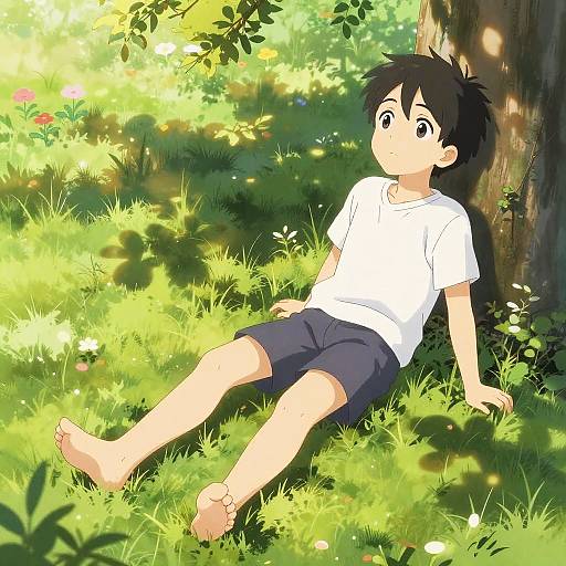 Anime Boy Relaxing Barefoot on Grass