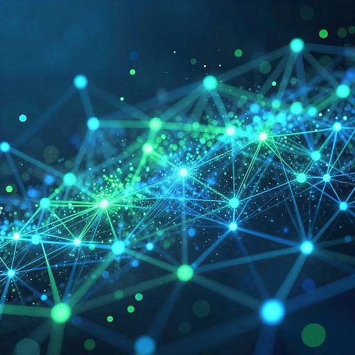 Digital artwork of a network of glowing blue and green dots connected by thin white lines, set against a dark blue background with bokeh light effects.