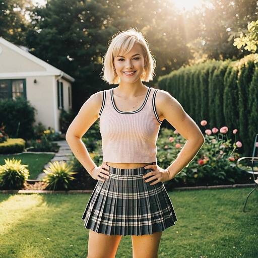 Smiling woman in plaid skirt and crop top outdoors