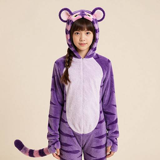 Photograph of an Asian girl wearing a purple and white tiger-themed onesie with striped tail, cat ears, and braid, standing against a plain