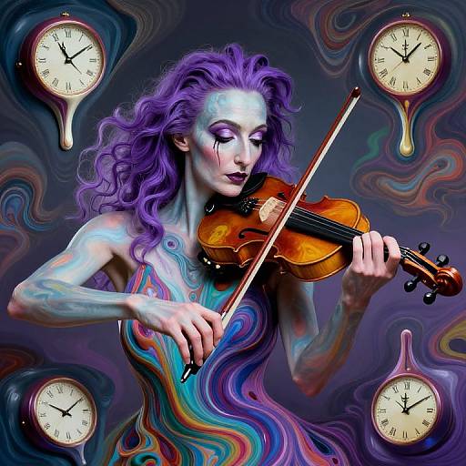 Digital painting of a purple-haired, pale-skinned woman with colorful tattoos, playing a violin, surrounded by four floating clocks, in a swirling, surreal